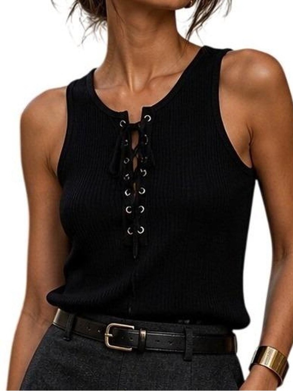 White House Black Market Black Lace-Up Sleeveless Top XXS